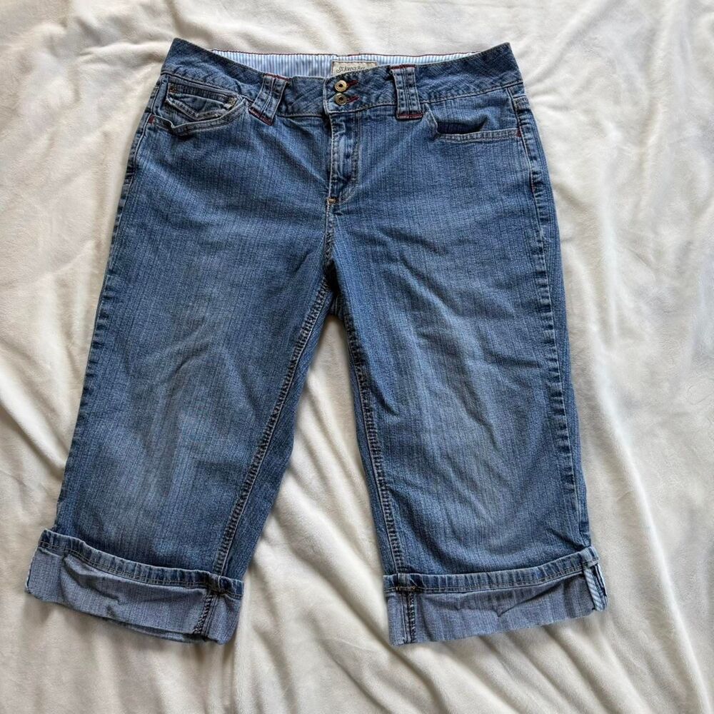 vintage y2k indie retro coastal blue denim cuffed capris jeans size 12 petite